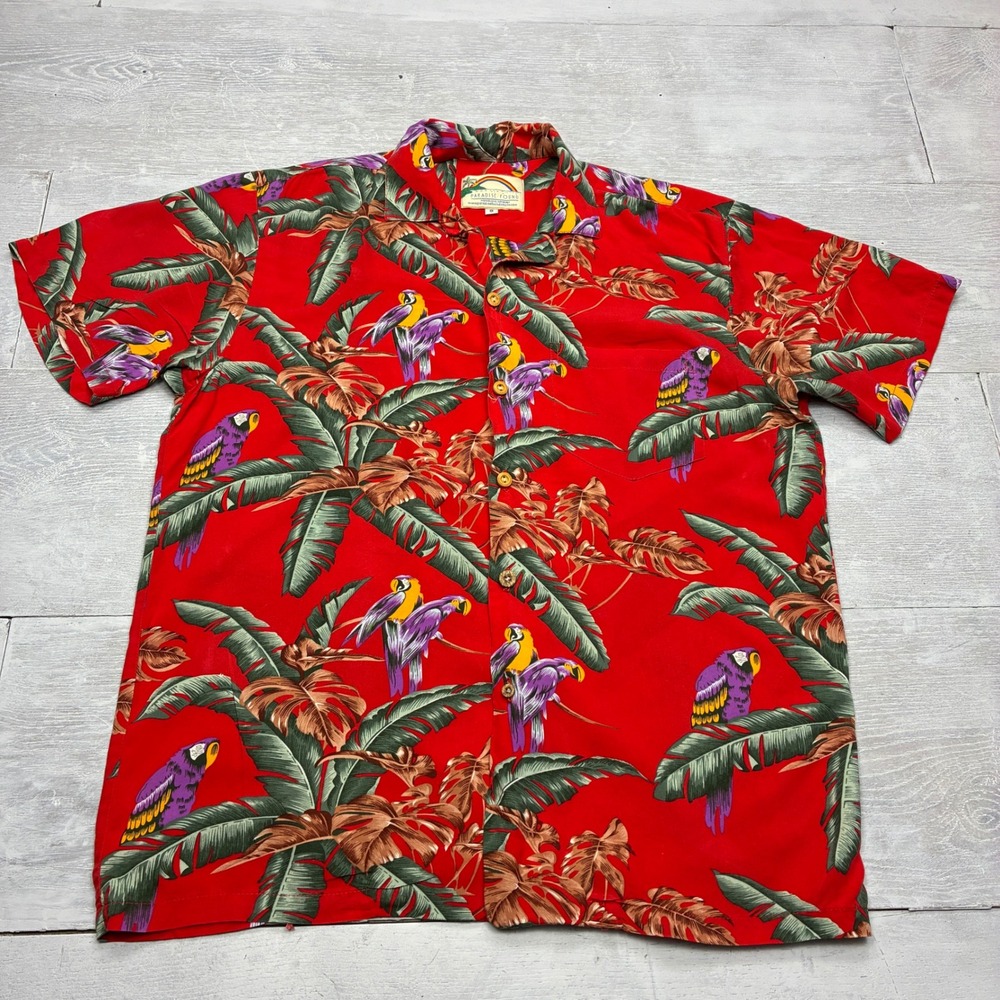 Paradise Found Hawaiian Shirt Mens S Red Jungle Bird Parrot Rayon Magnum PI